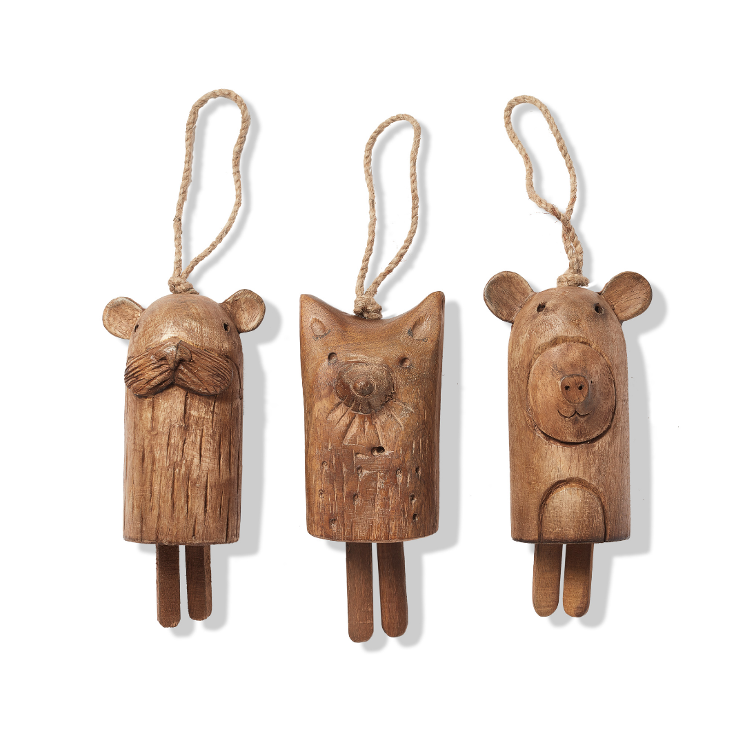 Carved Wood Forest Critter Bell Ornaments Large Set of 3