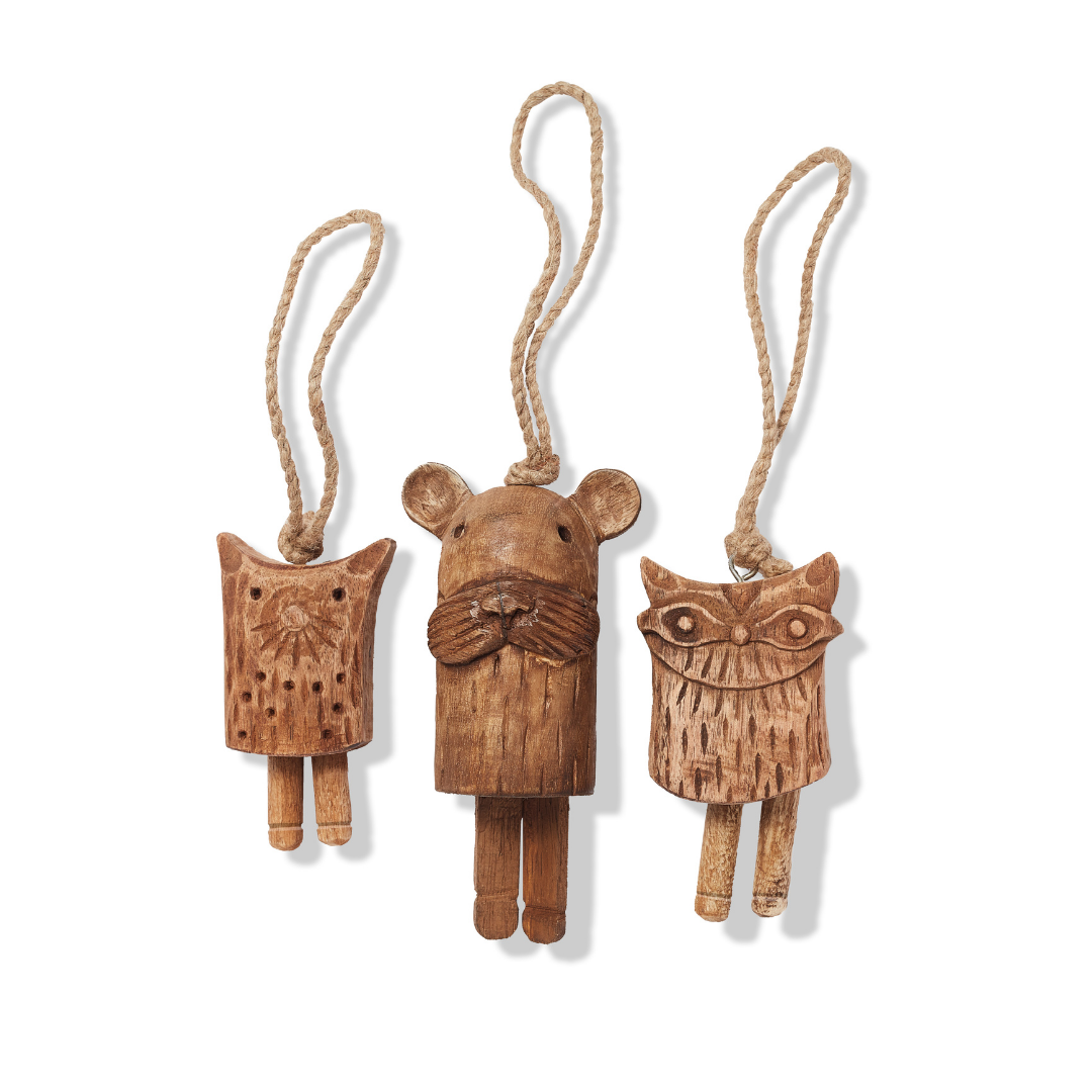 Carved Wood Forest Critter Bell Ornaments Small Set of 3