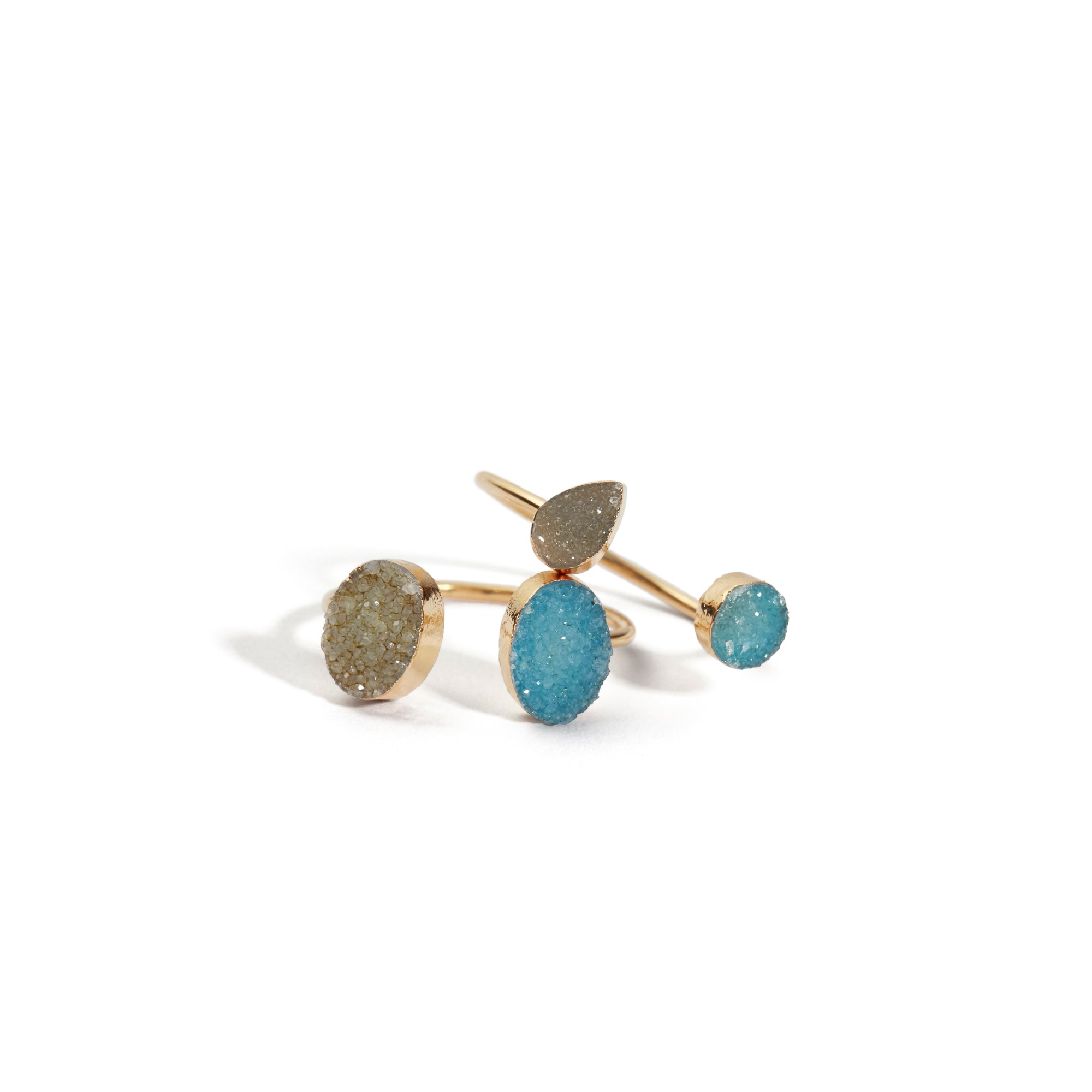 Double Drusy Adjustable Ring Blue & White Set of 2 Small