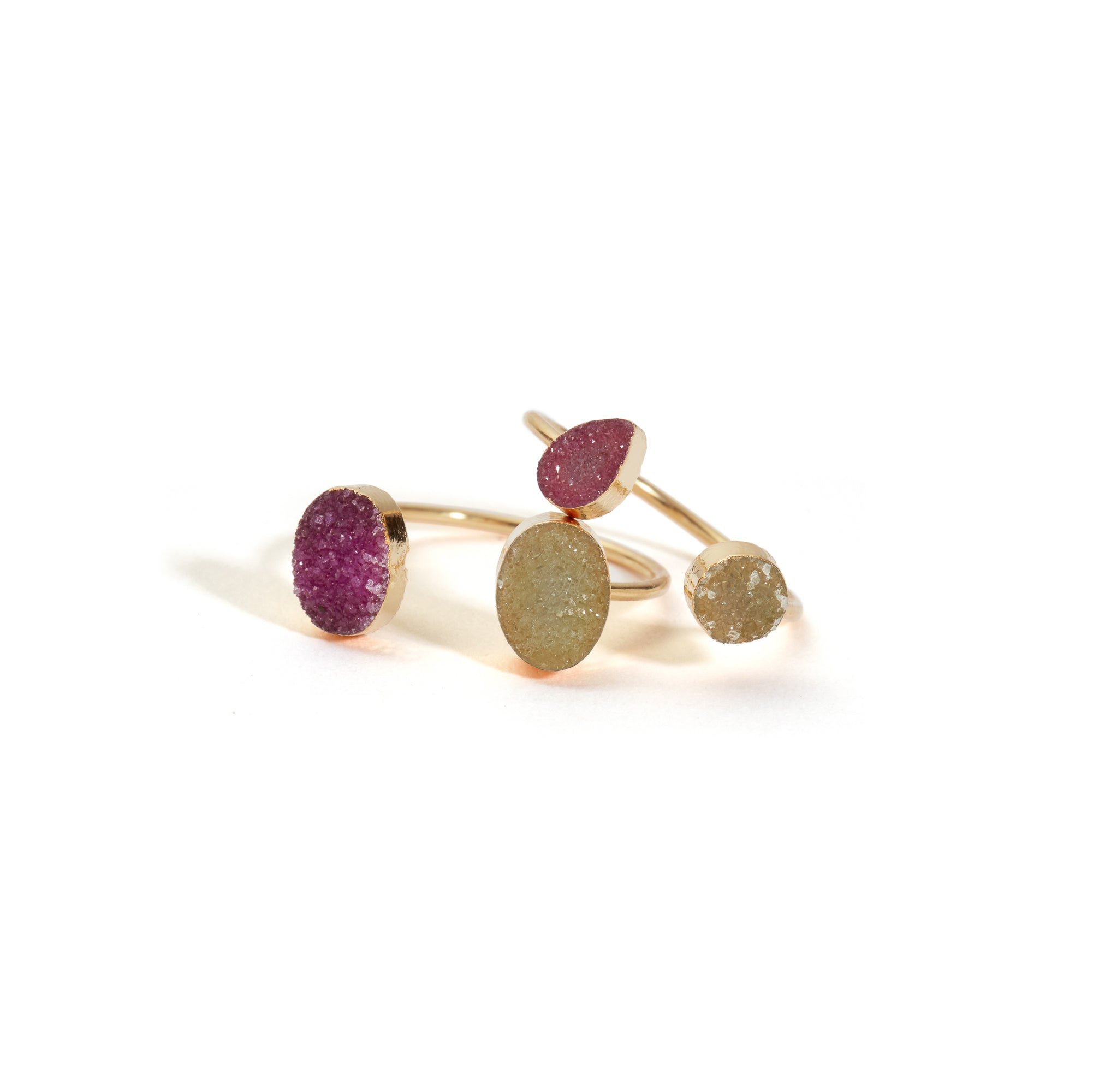 Double Drusy Adjustable Ring Pink & Champagne Set of 2 Large