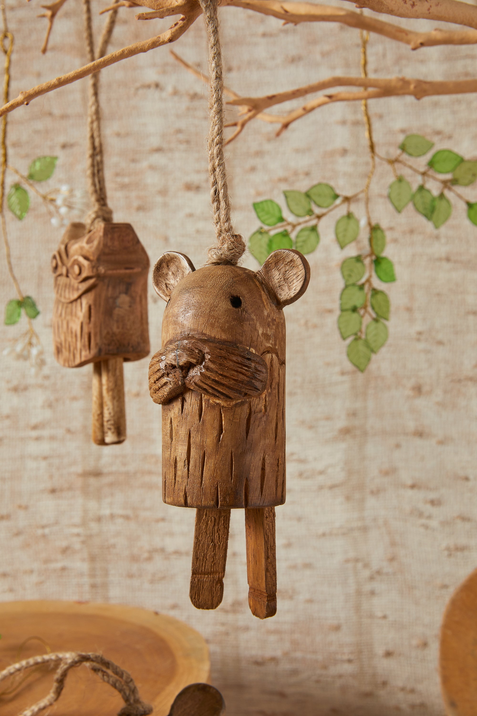 Carved Wood Forest Critter Bell Ornaments Small Set of 3