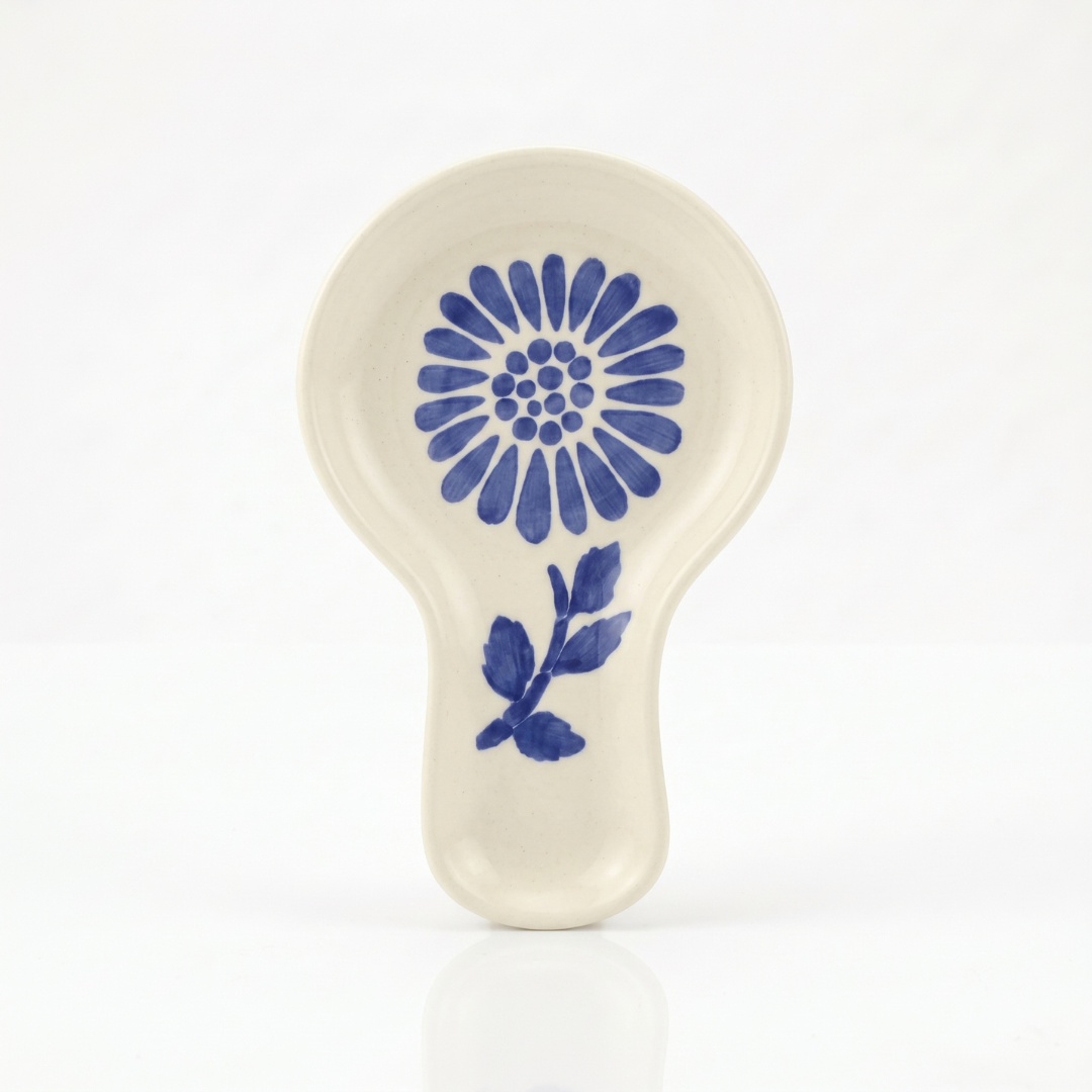 A ceramic spoon rest with a cream-colored glaze and a blue painted flower design, set against a plain white background.