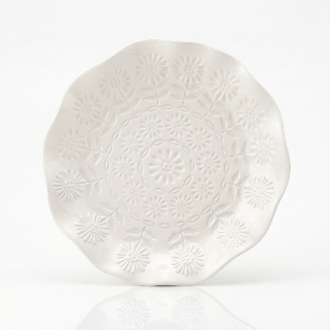 11" Wavy Rim Serve Plate with Debossed Flowers Relief