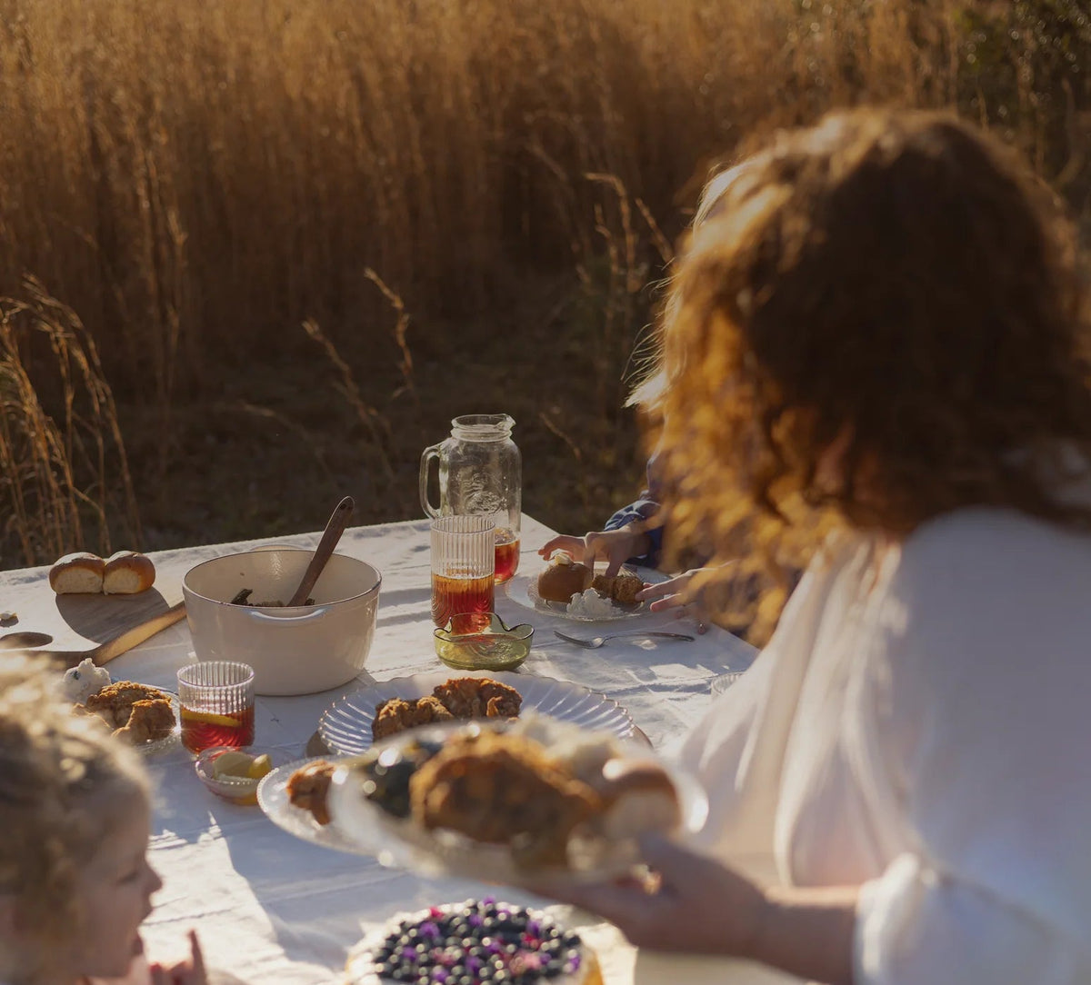 People gathered around a table with a cake in a field during sunset
