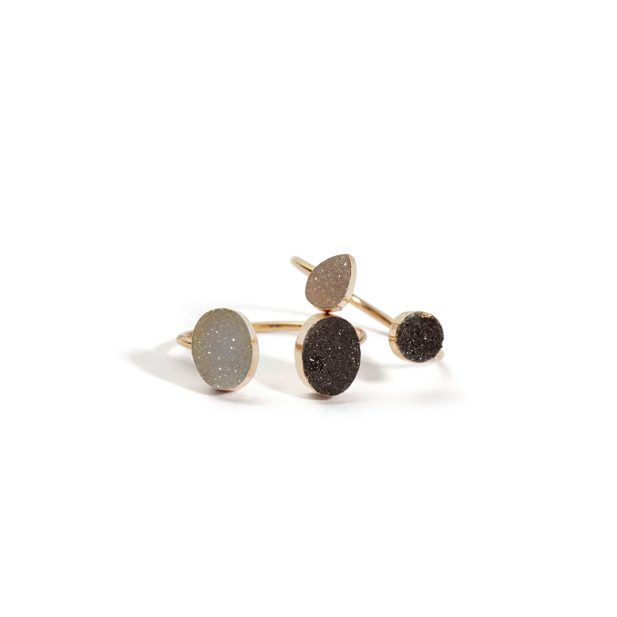 Double Drusy Adjustable Ring Black & White Set of 2 Large