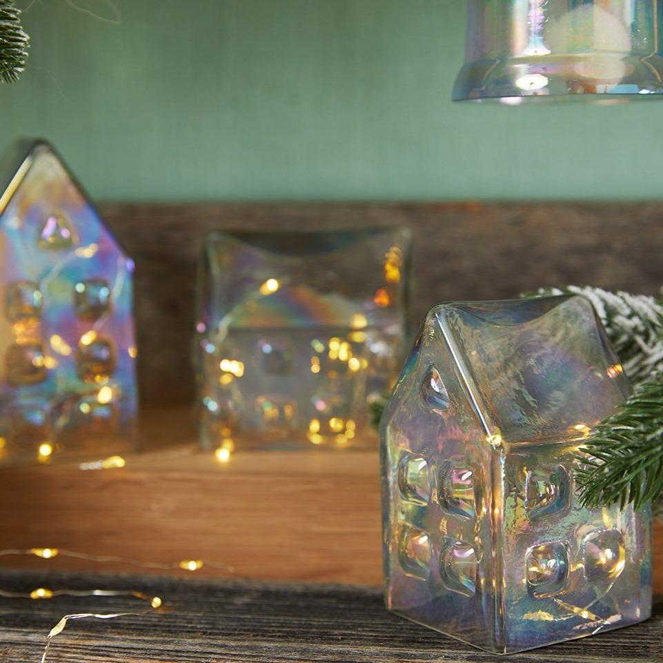 Luster Glass Lighted Mantle Village Set of 3