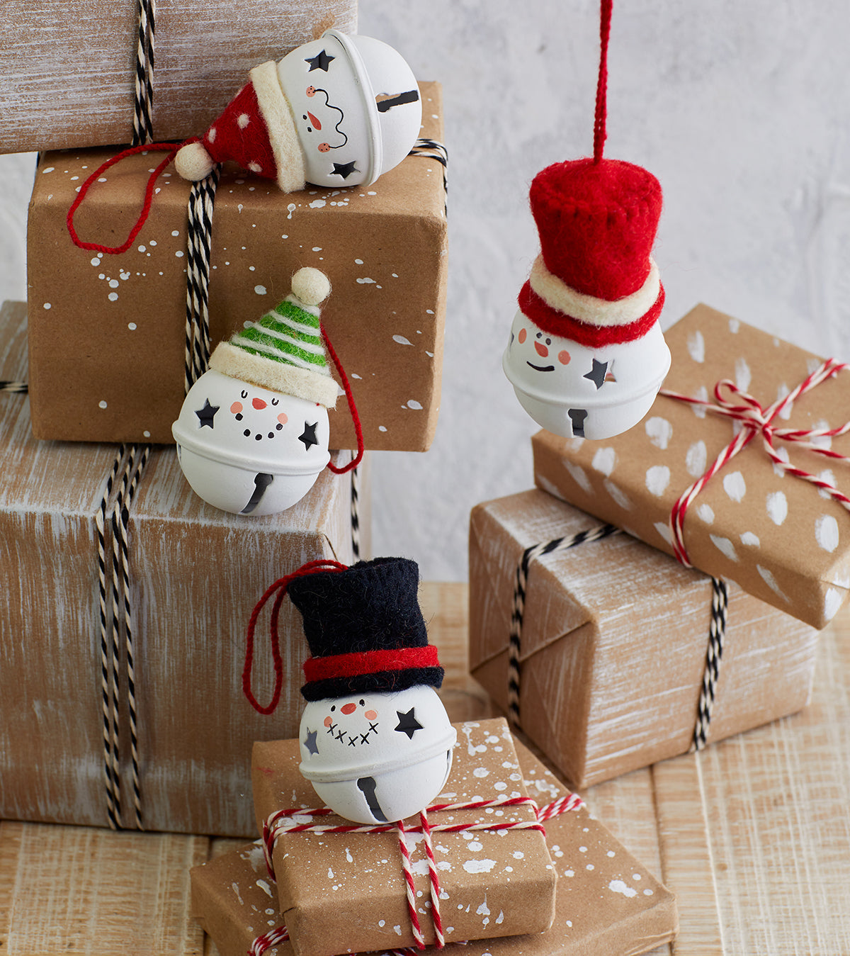 Galvanized and Felt Snowman Bell Ornament Set of 4
