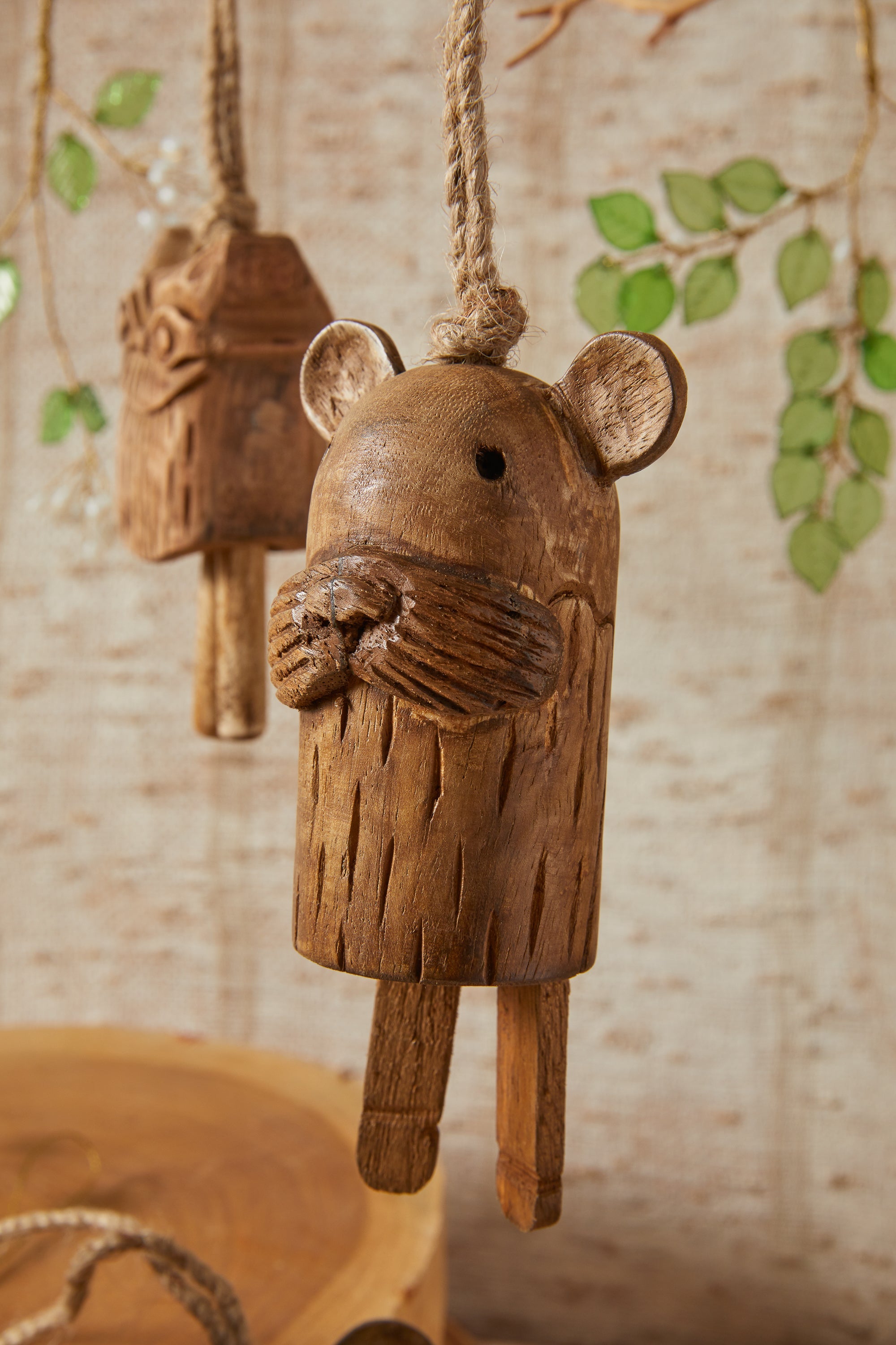 Carved Wood Forest Critter Bell Ornaments Small Set of 3