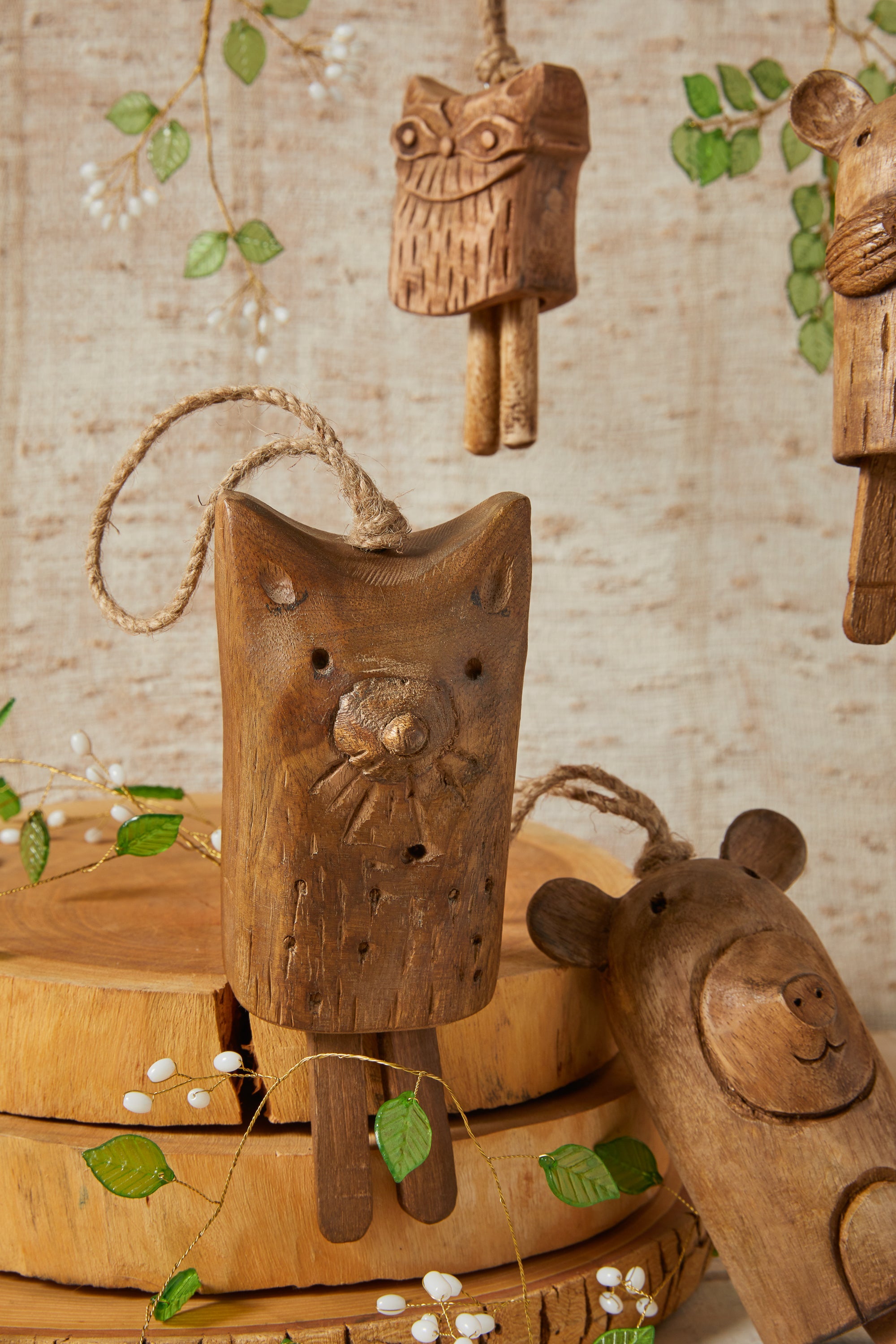 Carved Wood Forest Critter Bell Ornaments Large Set of 3
